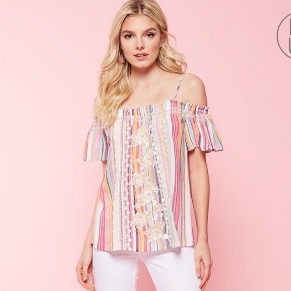 ANDREE BYUNIT STRIPED EMBROIDERED OFF SHOULDER TOP